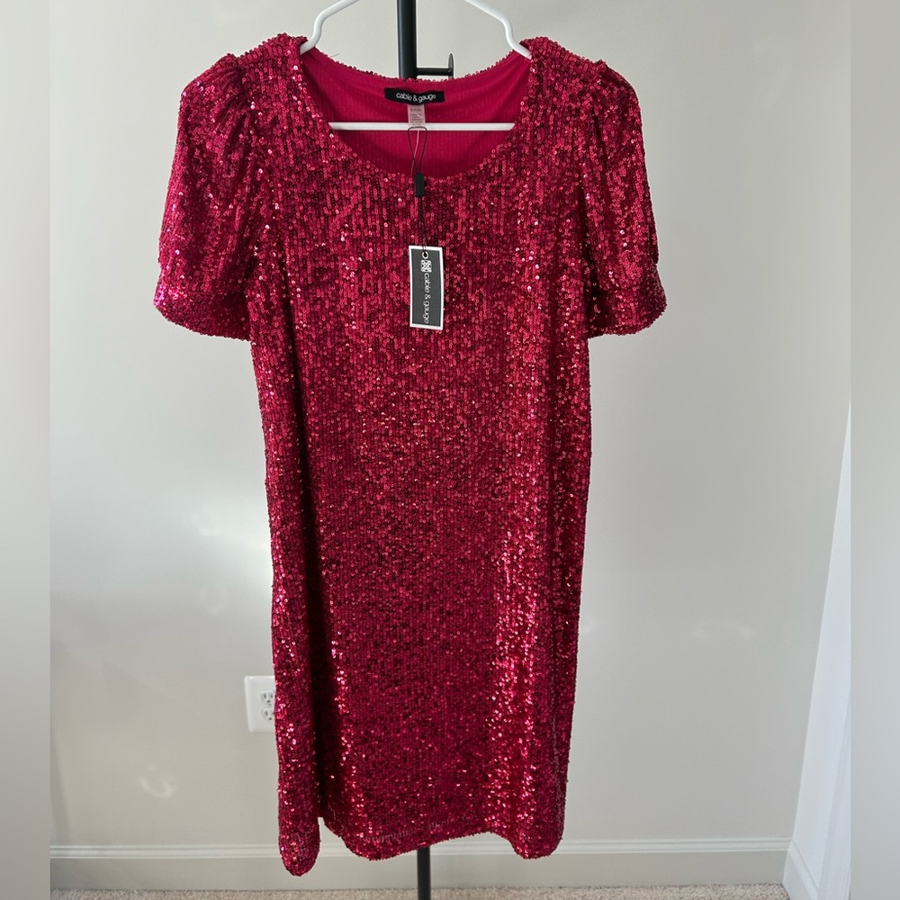 Cable & Gauge Red Sequin Puff Sleeve Mini Dress